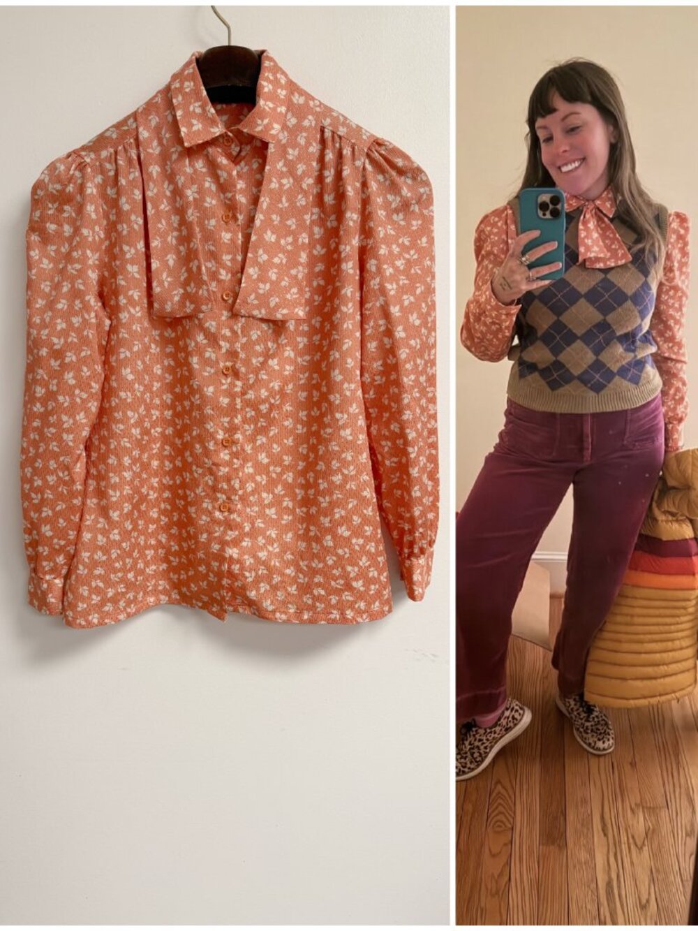 PRICE FIRM Vintage 70s James Kenrob Pussybow Secretary Blouse Pink Peach Floral